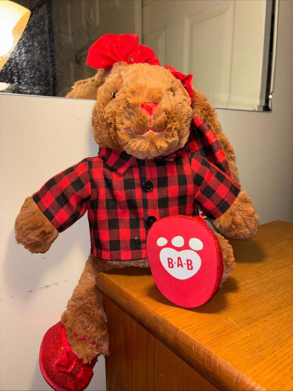 Build-A-Bear Red and Black Buffalo Plaid Kids Jacket on Plush Bunny